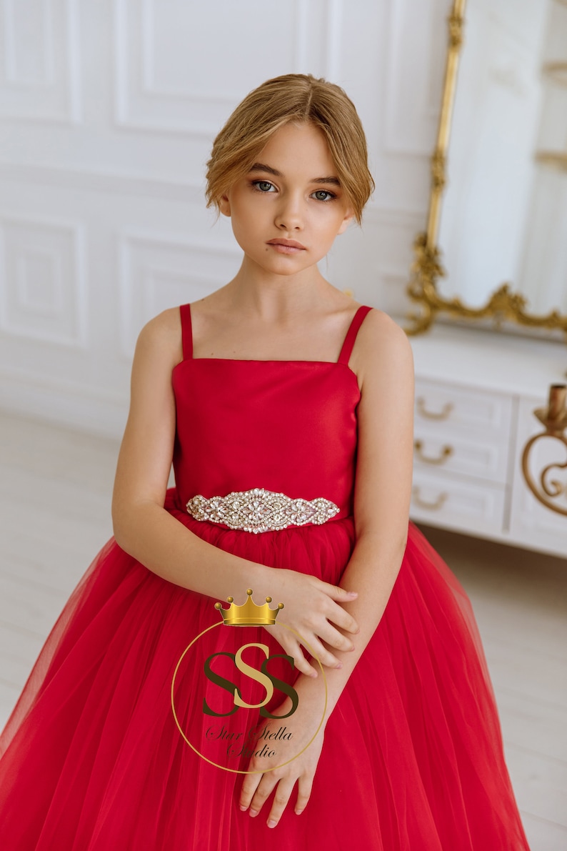 Red Flower Girl Dress Satin Flower Dress Tulle Dress Party Etsy