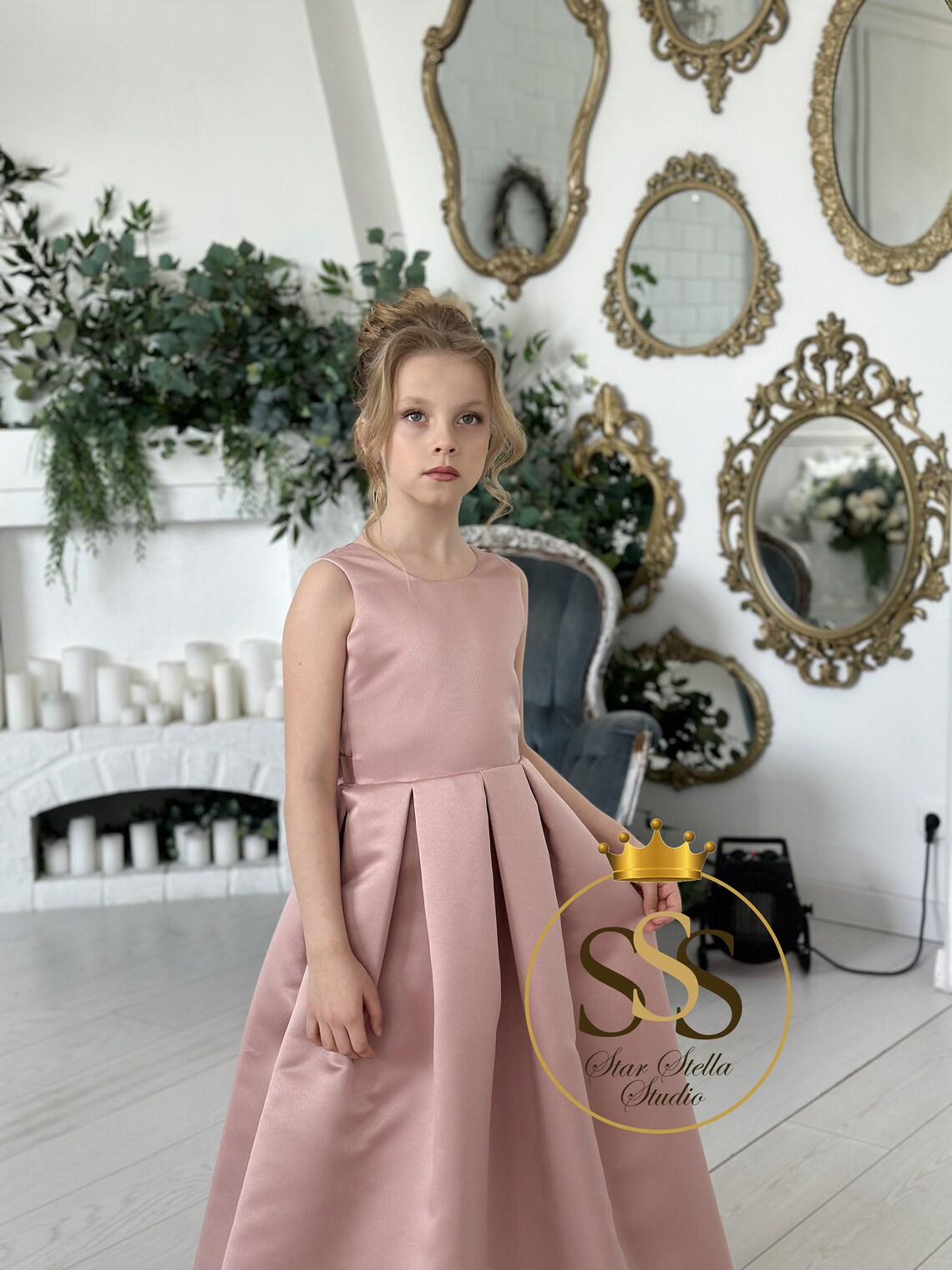 Dusty Rose Flower Girl Dress, Satin Girl Dress, Simple Flower Girl