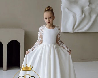 First communion girl dress, Satin girl dress, Ivory flower girl dress, Open back flower girl dress, Classic girl dress, Lace girl dress