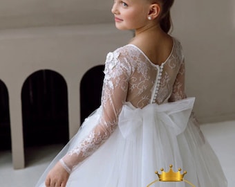 Tulle flower girl dress, Lace girl dress, Ivory flower dress, Flower girl dress satin, Toddler dress, Flower wedding dress, Princess dress