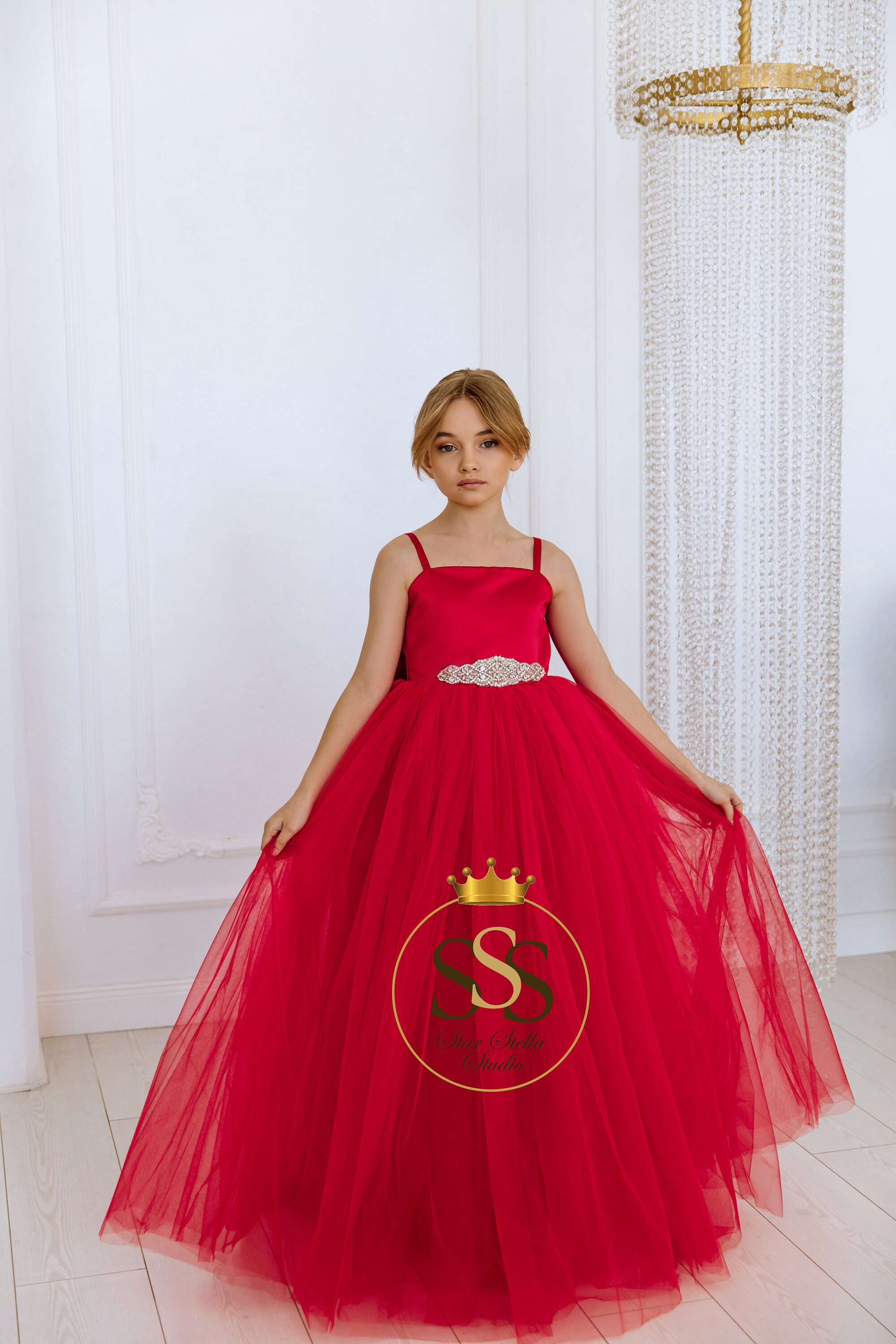 Red Flower Girl Dress Satin Flower Dress Tulle Dress Party Etsy