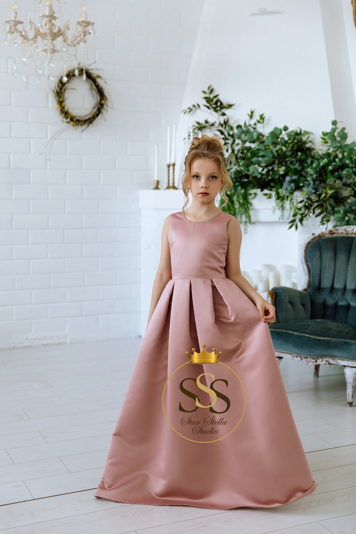 Dusty Rose Flower Girl Dress, Satin Girl Dress, Simple Flower Girl