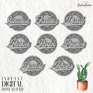 Puede incluir: Un conjunto de ocho archivos de corte digital que presentan diferentes títulos para los padres, como "Grandpa", "Father", "Dad", "Papa", "Papi", "Poppa", "Daddy" y "Pop". Cada título se muestra en un diseño circular con el texto "The Man The Myth The Legend" que lo rodea.