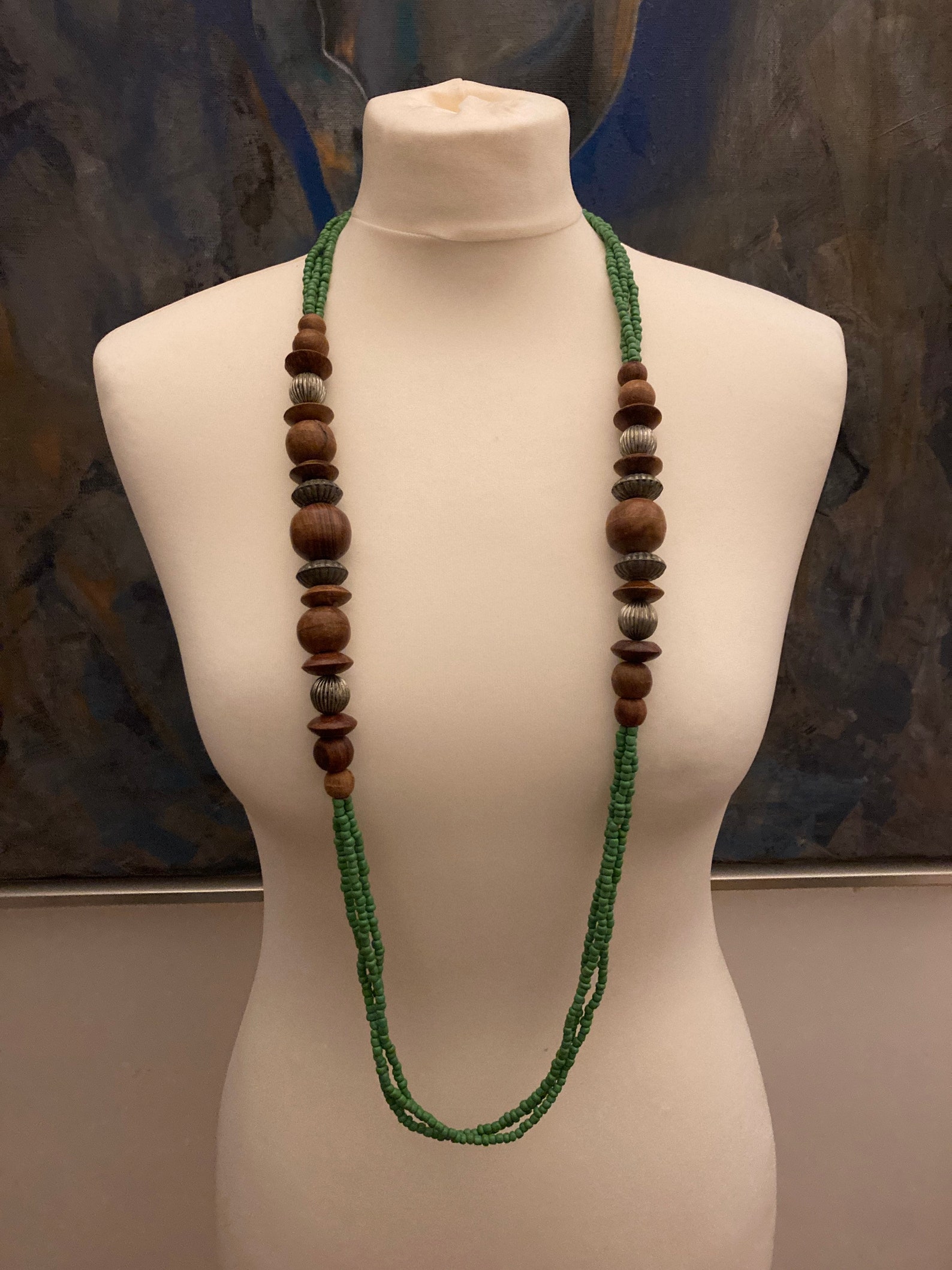 Vintage Green Stones Stringed Necklace & Wooden Elements 110 Cm Etsy