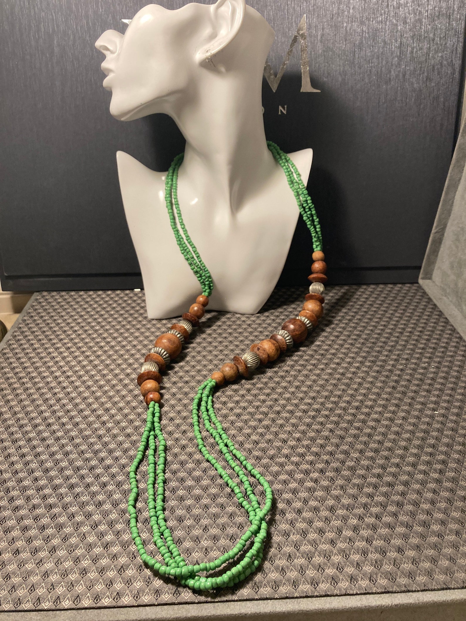 Vintage Green Stones Stringed Necklace & Wooden Elements 110 Cm Etsy