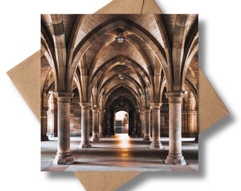 University of Glasgow Cloisters Photography Greeting Card, Scottish Architecture Art (6 x 6 inches)