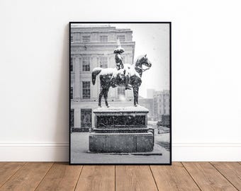 Wintersneeuwprint hertog van Wellington | Glasgow fotografie kunst aan de muur | Uniek Glasgow-cadeau | Schotland Woondecoratie | A5 A4 A3 A2