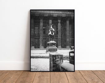 Sneeuwprint hertog van Wellington | Iconische fotografie standbeeld Glasgow | Glasgow-cadeau | Schotland muurkunst |  Woondecoraties A5 A4 A3 A2