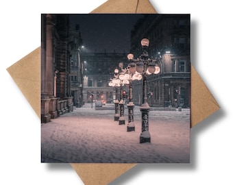 Glasgow George Square Snow Scene Greeting Card – Cityscape Photography (6 x 6 inches)