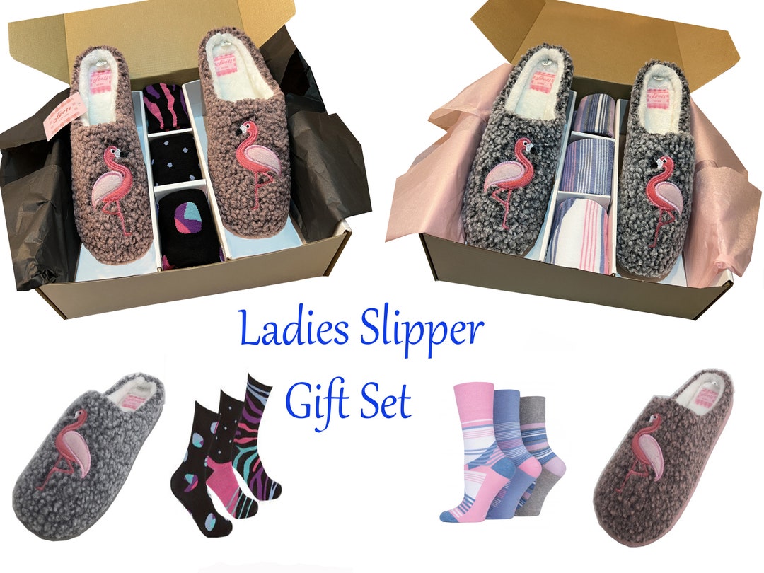 Slipper Gift Set, Ladies Mule & 3 Pairs Socks, Birthday Christmas and