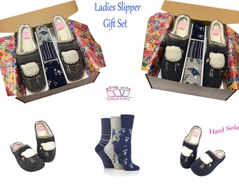 Slipper Gift Set, ladies mule & 3 pairs socks, birthday Christmas and Mothers day