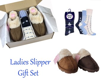 Womens Gift set Furry Mules Slipper Ladies Mule Slippers DK Brown / Sand