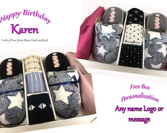 Slipper Gift Set, Ladies Mule 3 Pairs Socks, Birthday Christmas & Mothers day