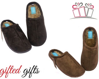 Tan brown mens slippers fur lined slip on mule gift set fathersday day, birthdays