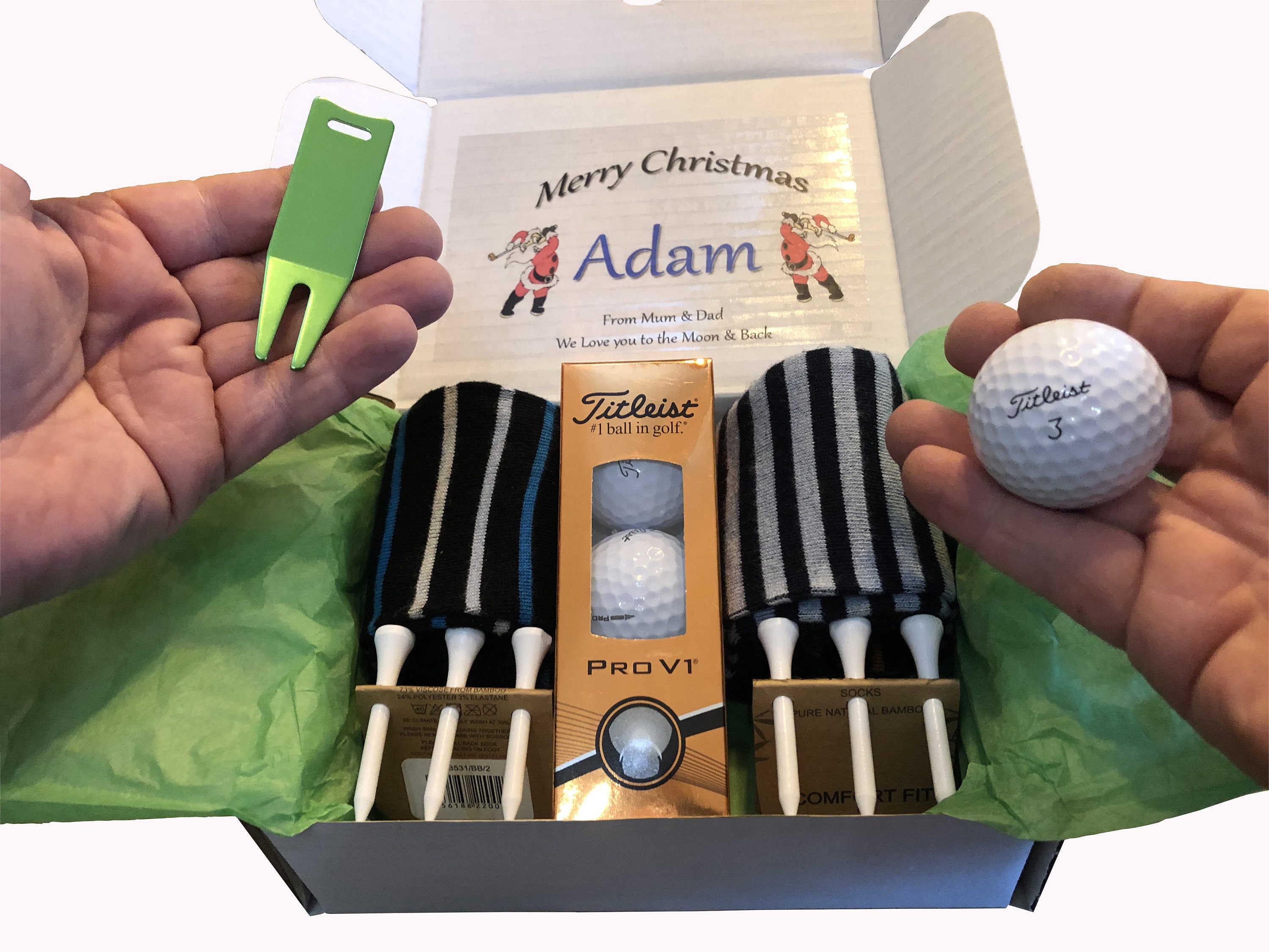 Golf Gift Sets for Men Socks Balls Tee's Ideal Presents, Birthdays Pro V1  Society's Secret Santa 