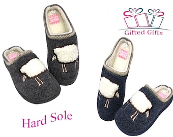 Ladies warm fur lined slip on mule sheep motif slipper hard none slip sole