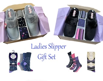 Slipper gift set, ladies mule & 3 pairs socks, birthday Christmas and mothers day