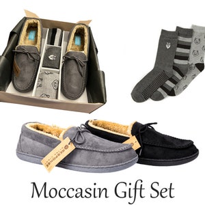 Mens moccasin set faux fur bed comfort slippers soft slippers shoes Grey
