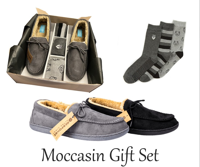 Mens moccasin set faux fur bed comfort slippers soft slippers shoes Grey