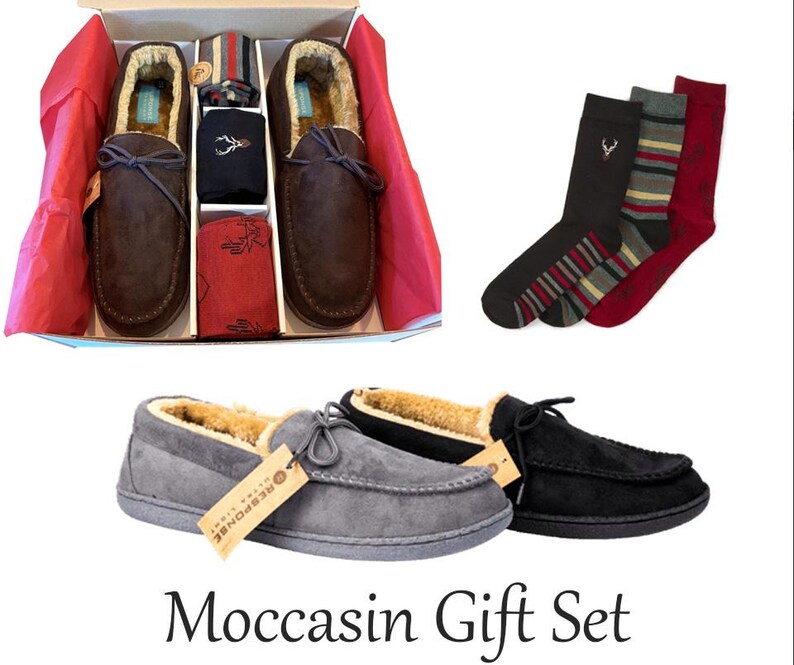 Mens moccasin set faux fur bed comfort slippers soft slippers shoes Brown