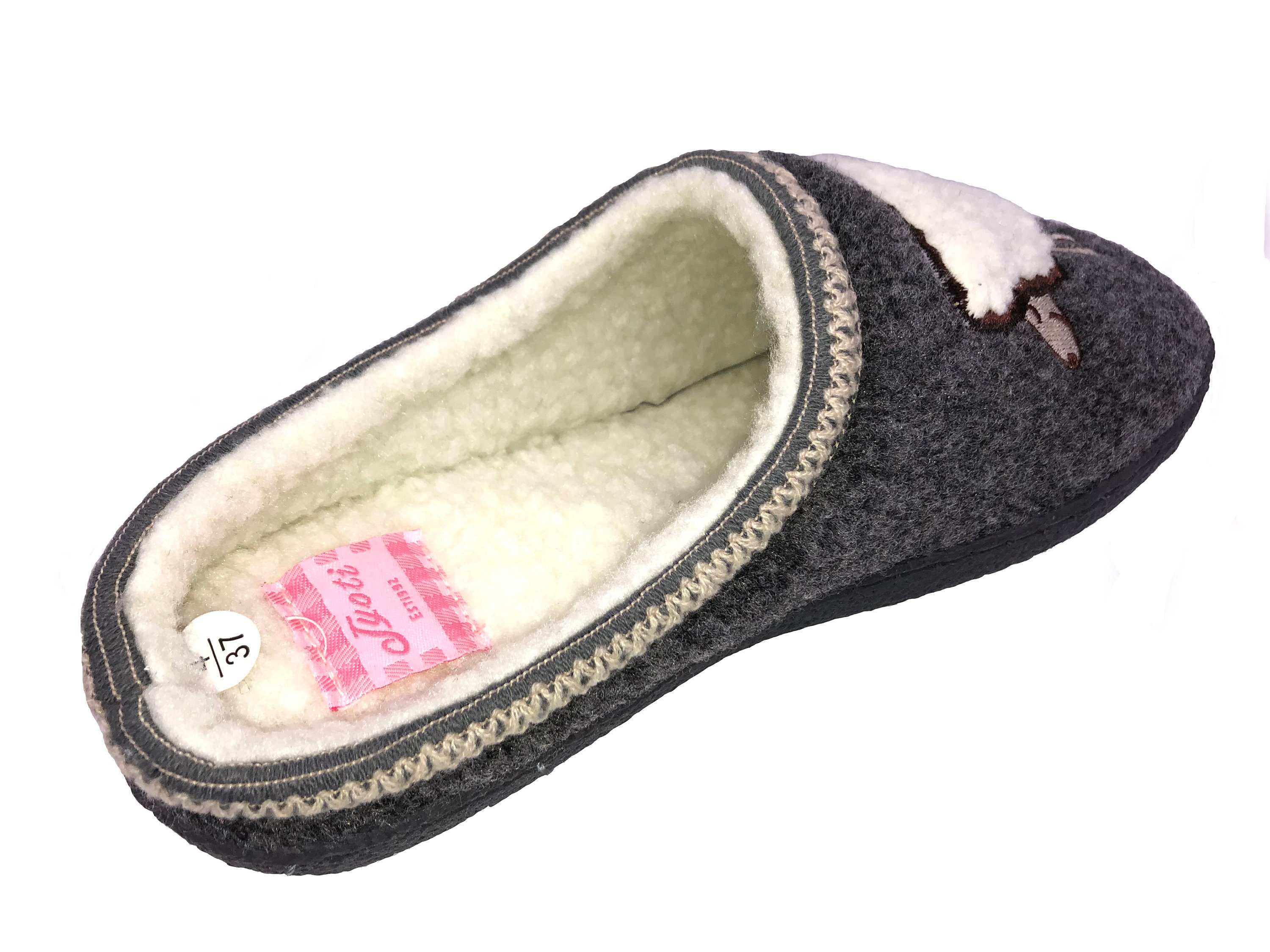 Ladies Warm Fur Lined Slip On Mule Sheep Motif Slipper Hard None Slip 