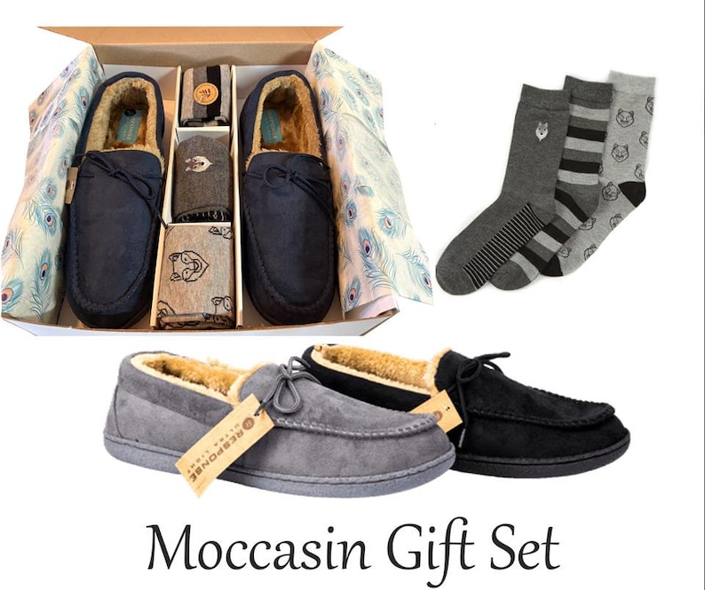 Mens moccasin set faux fur bed comfort slippers soft slippers shoes Navy