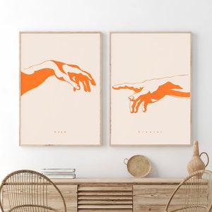 La création d&#39;Adam par Michel-Ange, lot de 2 estampes | Décoration d&#39;intérieur bohème, orange Jaffa, minimaliste, impression d&#39;art instantanée