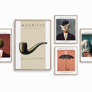 Magritte, set van 5 prenten | Kunstafdrukken, het idee, man met bolhoed, geliefden, paraplu, pijp, Art Print-bundel, Instant Download