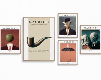 Magritte, Set of 5 Prints | Art Prints, The Idea, Man in a Bowler Hat, Lovers, Umbrella, Pipe, Art Print Bundle, Instant Download
