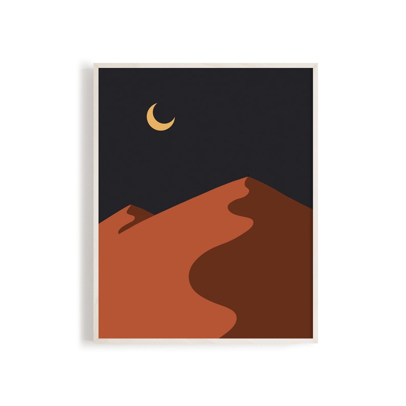 May include: A digital illustration of a desert landscape at night with a crescent moon in the sky. The sand dunes are a warm orange and brown color.