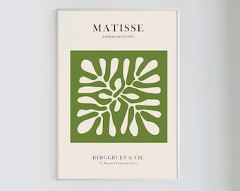 Könnte beinhalten: Ein grüner und weißer abstrakter Kunstdruck mit dem Text "MATISSE PAPERS DECOUPES" und "BERGGREEN & CIE 70, Rue de l'Universite, Paris".