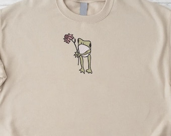 Embroidered Flower Frog Sweatshirt, Embroidery Frog With Flower, Frog Lover Gift Sweatshirt,Daisy Embroidery Sweatshirt, Gift For Valentine