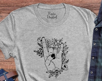 Floral Rock Sign Tshirt,Rocker Gift,Rock N Roll,Rock Lovers Tshirt,Heavy Metal Shirt,Music Festival Tee,Musician T-Shirt,Mama Rocker Shirt