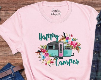 Happy Camper Shirt For Women, Camping Gifts, Floral Camping T-Shirt, Cute Camper Life Shirts, Camp Lover Gift Tees, Camping Season T Shirt