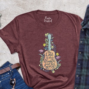 Floral Bible Quote Shirt For Women, Jesus Lover Gift Tee, Christian T-Shirt, Inspirational Shirt, The Lord Is My  Strength And My Song Shirt