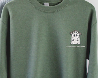 Embroidered Teachers Halloween Sweatshirt, Embroidery Read More Books Sweater, Halloween Gift For Book Lover, Reader Ghost Sweatshirt