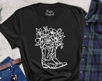 Cowgirl Boots Tshirt,Gift For Her,Floral Boot Cowboy Shirt,Girls Trip Shirts,Womens Western Graphic Tee,Trendy Western Country Music Tees