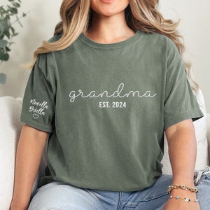 Custom Grandma Embroidery Comfort Colors® Shirt, Embroidered Grandma Tshirt, Grandmother Shirt With Kids Names On Sleeve, Gift For Grandma