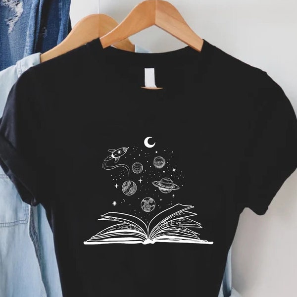 Books and Space Shirt,Space Lover Gift,Bookworm Shirts,Astronomy Tee,Reading A Book T-Shirt,Science Lover Clothing,Book Nerd Tees For Women