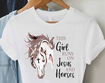 This Girl Runs On Jesus And Horses Shirt,Gift For Christian,Love Jesus Cross Shirts,Women Farmer Tshirts For Church,Spiritual Girls Clothing
