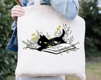 Cat Book Tote Bag,Cat Mom Gift,Reader Tote Bags,Library Tote Bag,Book Club Tote,Cat Lover Tote Bag,Reading Tote Bags,Book Lover Tote Bag