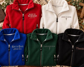 Custom Embroidered Christian Fleece Jacket, Custom Faith Over Fear Full Zip,Thanksgiving Christmas Gift for Men Women