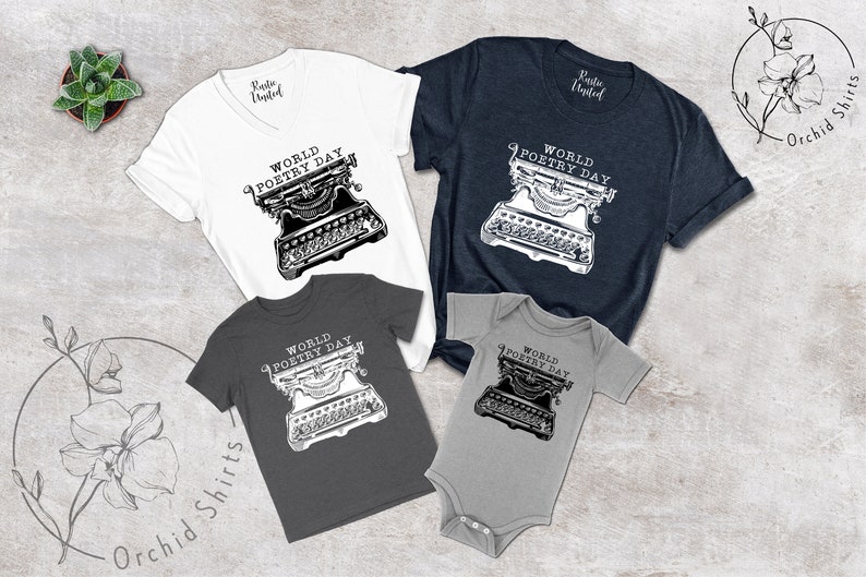 May include: A set of four shirts featuring a black and white illustration of a vintage typewriter with the text "World Poetry Day". The shirts are in various sizes and colours, including white, grey, dark grey, and navy blue.