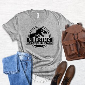 May include: A gray t-shirt with a black graphic of a dinosaur and the text "Nursing is a walk in the park".