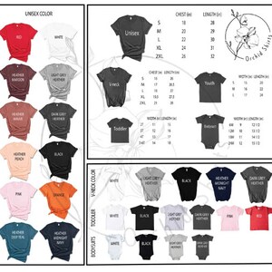 May include: Image of t-shirts in various colours and sizes, with a size chart showing chest and length measurements in inches. The available colours include red, white, black, and heathered shades. The shirts are available in unisex, v-neck, toddler, and bodysuit styles. Measurements are in inches.