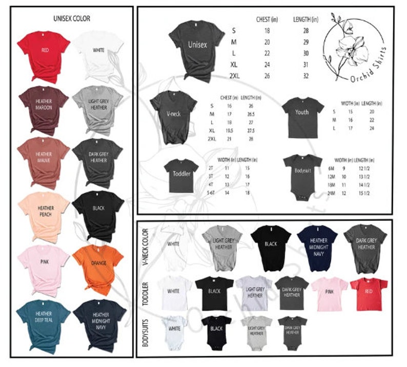 May include: Image of t-shirts in various colours and sizes, with a size chart showing chest and length measurements in inches. The available colours include red, white, black, and heathered shades. The shirts are available in unisex, v-neck, toddler, and bodysuit styles. Measurements are in inches.