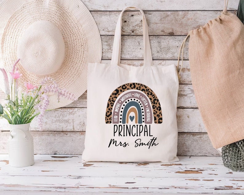 Custom Teacher Bag,New Principal Gift,Teacher Appreciation,Principal Tote Bag,Rainbow Tote Bags,Personalized Name Tote,Back To School Bag imagen 1