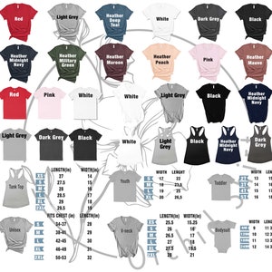 Op de afbeelding: Een grafiek met verschillende t-shirt stijlen, kleuren en maten. De grafiek bevat tanktops, unisex t-shirts, v-hals t-shirts, jeugd t-shirts, peuter t-shirts en rompers. De grafiek bevat ook een maattabel voor elke stijl.