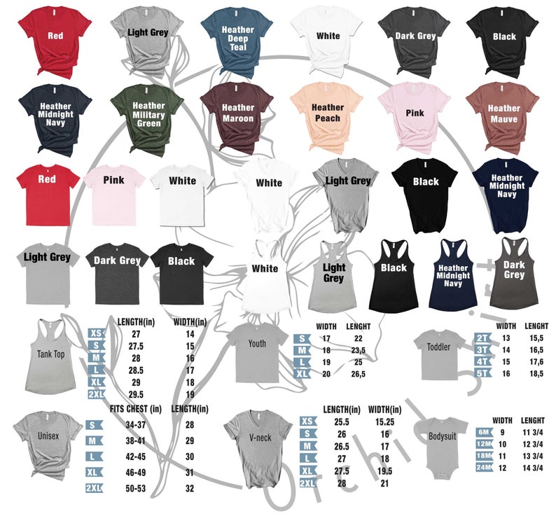 Op de afbeelding: Een grafiek met verschillende t-shirt stijlen, kleuren en maten. De grafiek bevat tanktops, unisex t-shirts, v-hals t-shirts, jeugd t-shirts, peuter t-shirts en rompers. De grafiek bevat ook een maattabel voor elke stijl.
