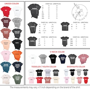 May include: A chart showing different t-shirt colors and sizes for unisex, v-neck, toddler, youth, and bodysuit styles. The chart includes measurements for chest and length in inches. The chart also includes the text "Orchid Shirts".